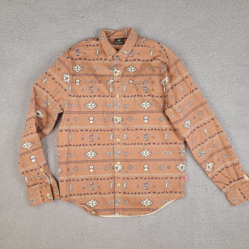 Catch Surf Shirt Men's Medium Brown Tan Tribal Button Down‎ Long Sleeve